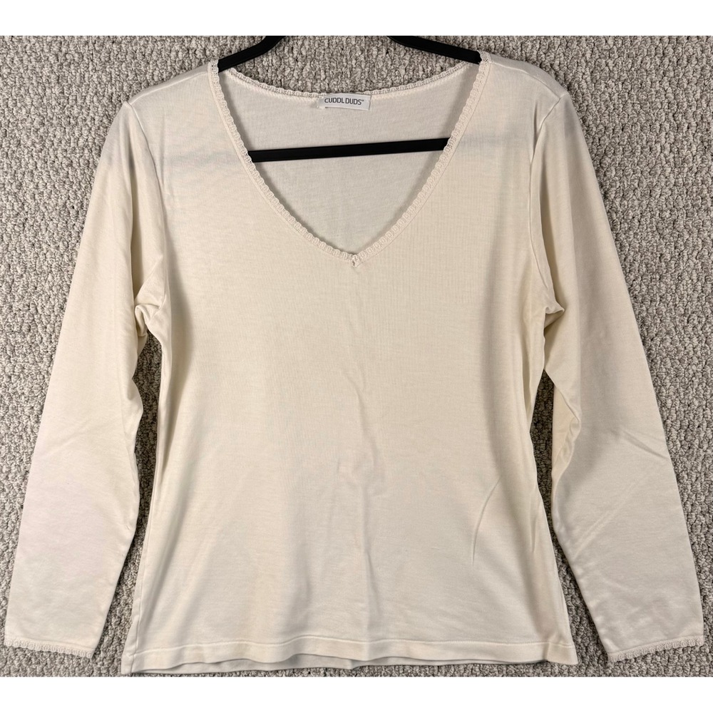 Cuddl Duds Top Long Sleeve Cream Lace Trim V-Neck Base Layer Minimalist M-L